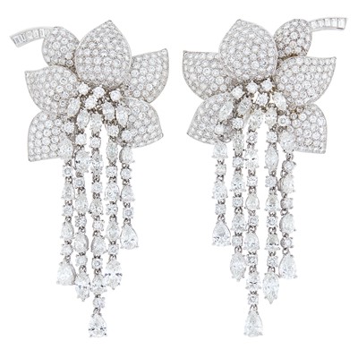 Lot 84 - Pair of Platinum and Diamond Flower Fringe Earclips