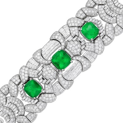 Lot 107 - Wide Platinum, Emerald and Diamond Bracelet with Metal and Diamond Necklace Attachment