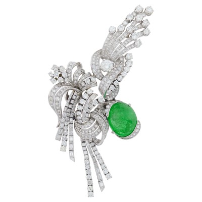 Lot 1065 - Platinum, Cabochon Emerald and Diamond Corsage Brooch