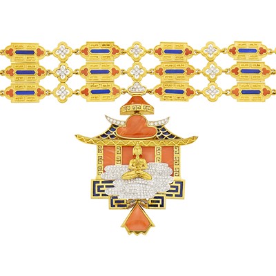 Lot 1152 - Triple Strand Two-Color Gold, Lapis, Coral and Diamond Buddha Temple Pendant-Brooch Choker Necklace
