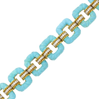 Lot 1044 - Gold, Fluted Painted Turquoise and Diamond Bracelet