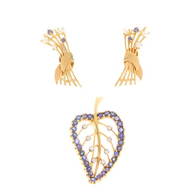 Lot 1147 - Pair of Gold, Sapphire and Cultured Pearl Earclips and Sapphire and Diamond Leaf Brooch