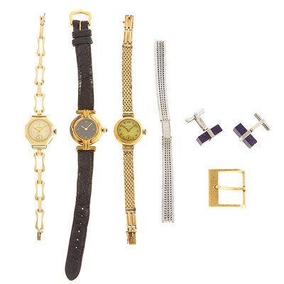 Lot 1271 - Three Gold, Gold-Filled and Silver-Gilt Wristwatches, Pair of Cufflinks, Belt Buckle and Bracelet Fragments