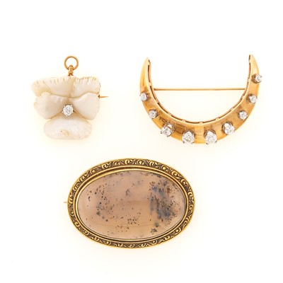 Lot 1186 - Antique Gold and Diamond Crescent Pin, Freshwater Pearl and Diamond Flower Pin and Moss Agate Pin