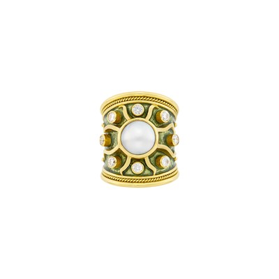 Lot 42 - Elizabeth Gage Wide Gold, Green Enamel, Mabé Pearl and Diamond Band Ring