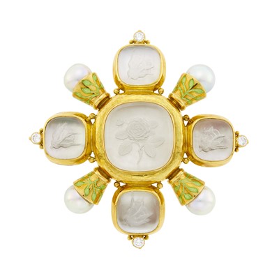 Lot 38 - Elizabeth Gage Gold, Reverse Crystal Intaglio, Gray Cultured Pearl,  Diamond and Enamel Brooch