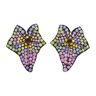 Lot 113 - Pair of Oxidized Silver, Rose Gold and Multicolored Sapphire Leaf Earclips
