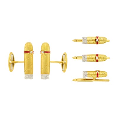 Lot 43 - Gold, Platinum, Diamond and Red Enamel Cigar Cufflinks Dress Set