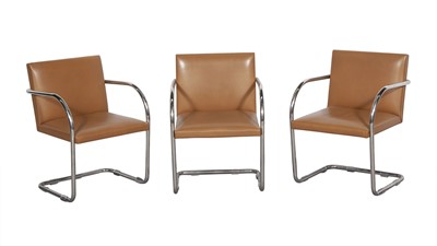 Lot 420 - Three Mies van der Rohe for Knoll Chromed Tubular Metal and Leather "BRNO" Armchairs