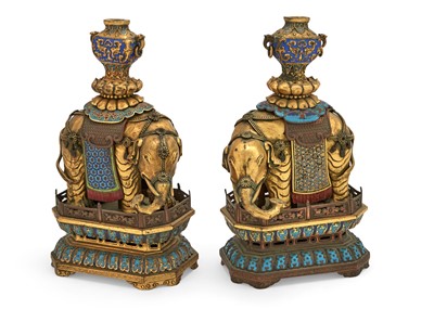 Lot 120 - A Pair of Imperial Chinese Gilt Bronze, Cloisonne and Champleve Enamel Elephant and Vase Figures