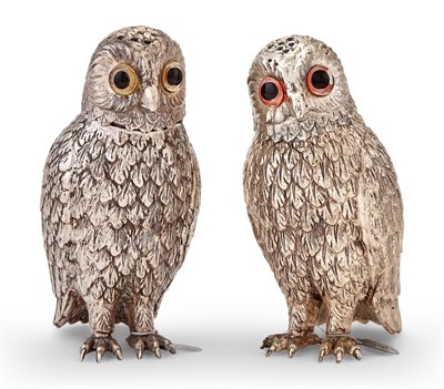 Lot 1135 - Pair of Novelty Silver Plated Owl Form Sugar Casters