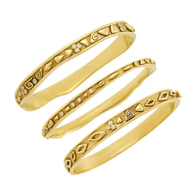 Lot 27 - Temple St. Clair Three Gold and Diamond Bangle Bracelets