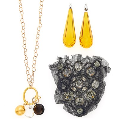Lot 1224 - Gilt-Metal Charm Necklace, Lanvin Rhinestone Brooch and Pair of Amber Pendants