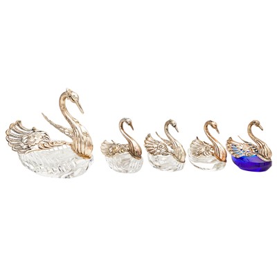 Lot 160 - Group of Five Continental Silver and Glass Swan Form Dishes
