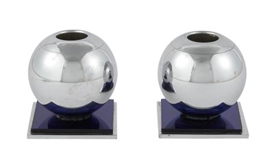 Lot 310 - Pair of Modernist Chromed Metal and Blue Glass Candlesticks