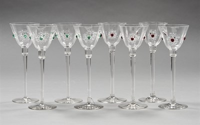 Lot 1087 - Set of Eight Green and Red Cut to Clear "Snowflake" Decoration Toasting Glasses