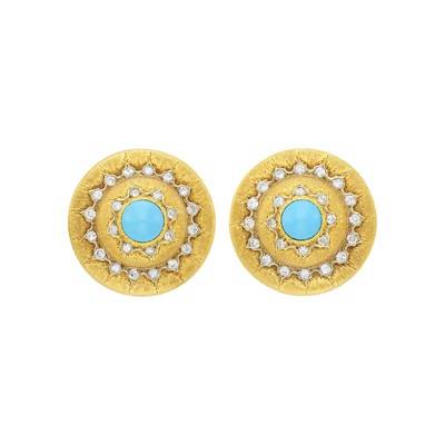 Lot 13 - Pair of Gold, Turquoise and Diamond Earclips