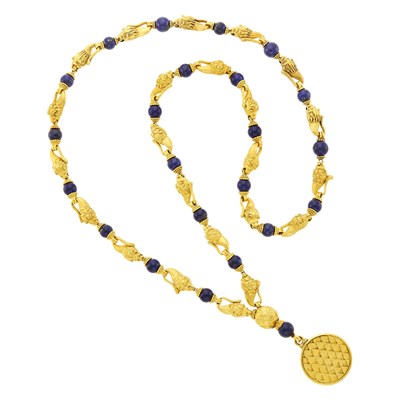 Lot 126 - Long Gold Lion Link and Lapis Bead Pendant-Necklace/Pair of Bracelets Combination