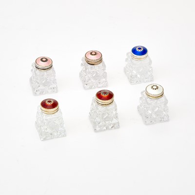Lot 305 - Six Norwegian Sterling Silver, Enamel and Glass Pepper Casters