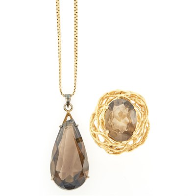 Lot 1222 - Silver and Smoky Quartz Pendant with Gold Chain Necklace and Gold and Smoky Quartz Ring
