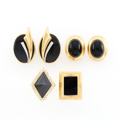 Lot 1220 - Two Gold, Black Onyx and Diamond Rings and Two Pairs of Earrings