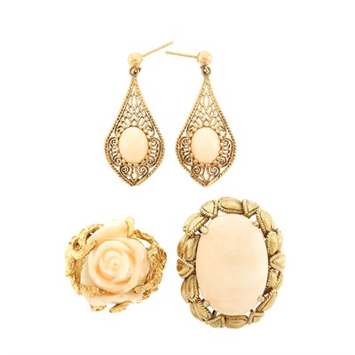 Lot 1275 - Pair of Gold and Angel Skin Coral Pendant-Earrings and Two Rings