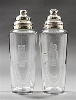 Lot 1037 - Pair of Hawkes Sterling Silver Mounted Etched Glass Cocktail Shakers