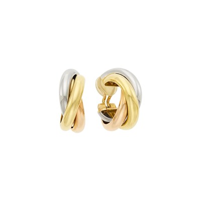 Lot 42 - Cartier Pair of Tricolor Gold 'Trinity' Hoop Earclips