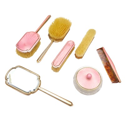 Lot 165 - Cased English Sterling Silver and Pink Enamel Vanity Set