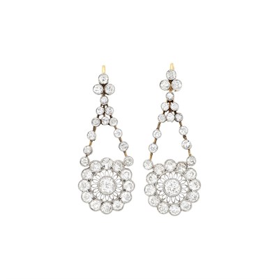Lot 65 - Pair of Edwardian Platinum, Gold and Diamond Pendant-Earrings