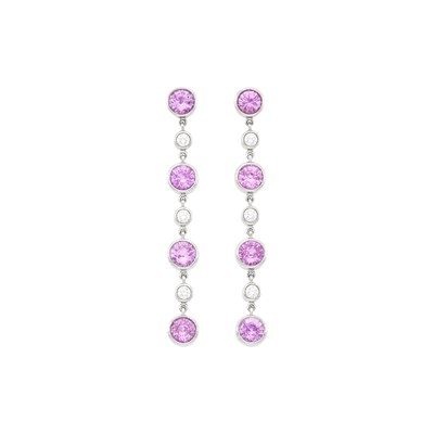 Lot 102 - Tiffany & Co. Pair of Platinum, Pink Sapphire and Diamond 'Jazz' Pendant-Earrings