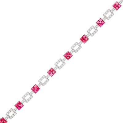 Lot 63 - Platinum, Diamond and Synthetic Ruby Bracelet