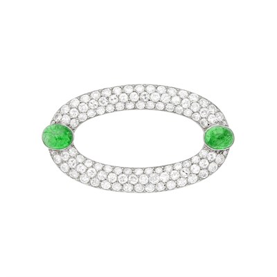Lot 75 - Platinum, Diamond and Cabochon Emerald Brooch, France