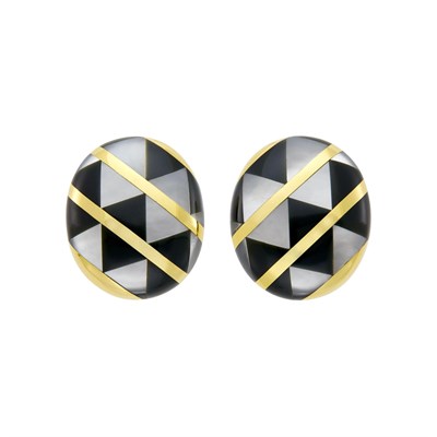 Lot 3 - Tiffany & Co. Pair of Gold, Mother-of-Pearl and Black Jade Earclips