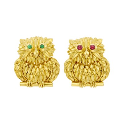 Lot 22 - Tiffany & Co. Pair of Gold, Cabochon Emerald and Ruby Owl Brooches