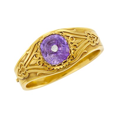 Lot 53 - Gold, Amethyst and Diamond Bangle Bracelet