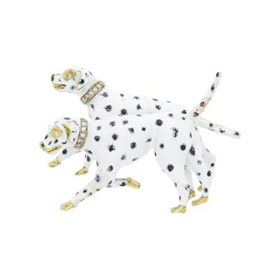 Lot 47 - Gold, Silver, Black and White Enamel and Diamond Double Dalmatian Brooch