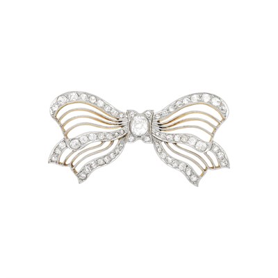 Lot 64 - Edwardian Platinum, Gold and Diamond Bow Brooch
