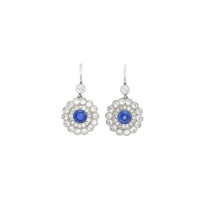 Lot 56 - Pair of Platinum, Sapphire and Diamond Pendant-Earrings