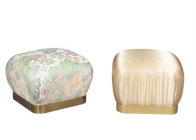 Lot 368 - Pair of Karl Springer Brass and Floral Upholstered Soufflé Ottomans