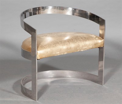 Lot 334 - Karl Springer Style Low Polished Stainless Steel and Upholstered Demilune Vanity Chair