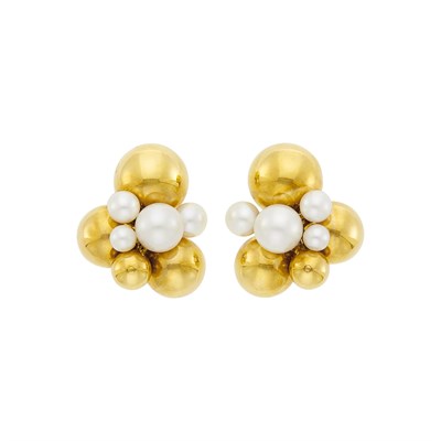 Lot 6 - Marina B Pair of Gold and Cultured Pearl 'Atomo' Earclips, France