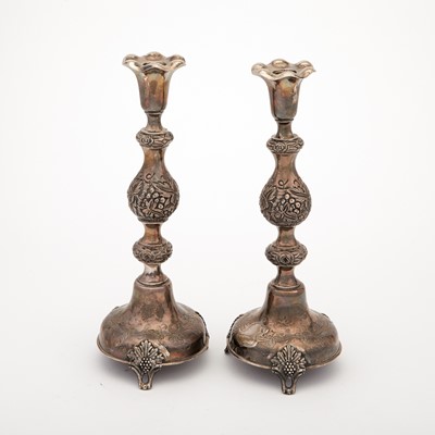 Lot 230 - Pair of Russian Silver Sabbath Candlesticks