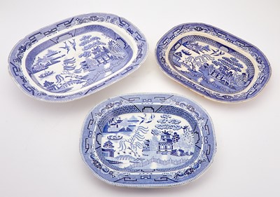 Lot 300 - Group of Staffordshire Blue and White Transfer Decorated Pottery Blue Willow Pattern Platters