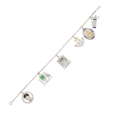 Lot 116 - Platinum, Gold, Enamel, Gem-Set and Diamond Charm Bracelet