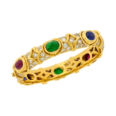 Lot 1204 - Gold, Cabochon Colored Stone and Diamond Bangle Bracelet