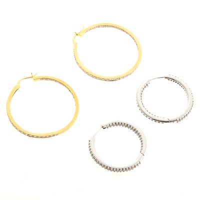 Lot 2195 - Two Pairs of Two-Color Gold, White Gold and Diamond Hoop Earrings