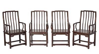 Lot 160 - Four Chinese Hongmu Spindle Back Armchairs