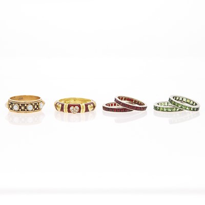 Lot 1261 - Four White Gold and Gem-Set Band Rings, Pearl Band Ring and Hidalgo Red Enamel Band Ring