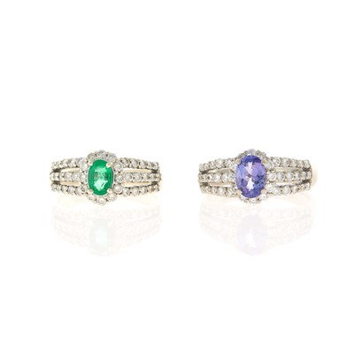 Lot 2193 - Two White Gold, Emerald, Tanzanite and Diamond Rings